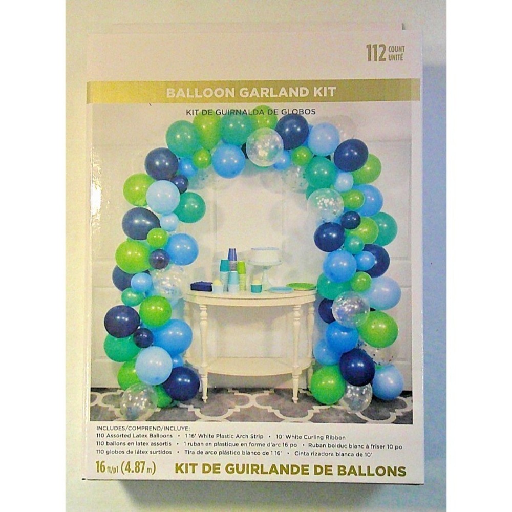 112 Piece BALLOON GARLAND KIT -‎ Blue, Green, Clear - w/Arch Strip & Ribbon
